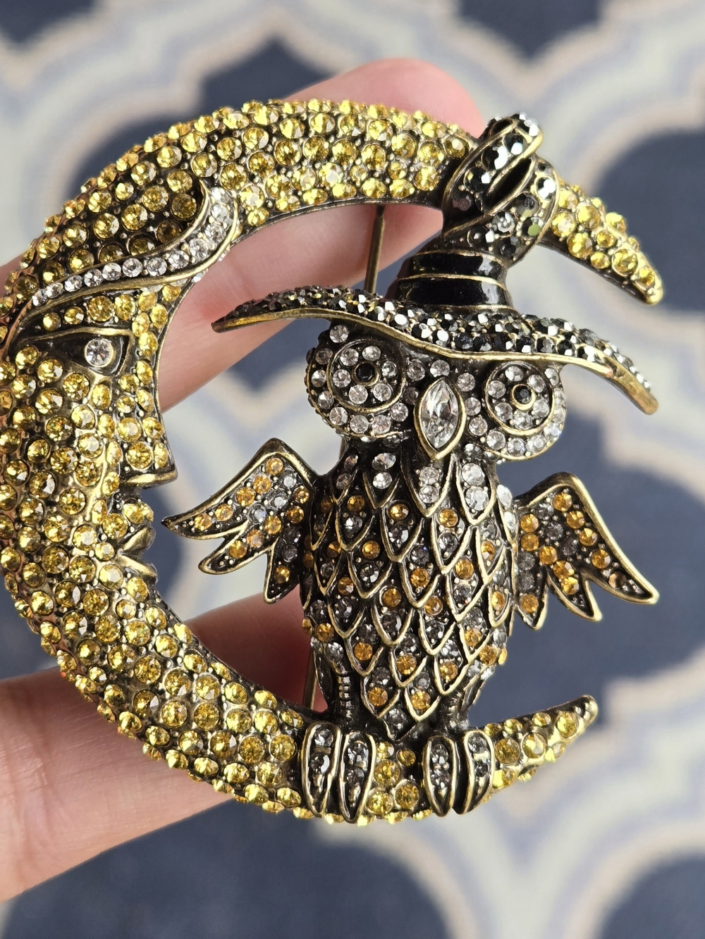 HEIDI DAUS Moonlighting Swarovski Crystal Owl Crescent Moon Halloween Pin Brooch